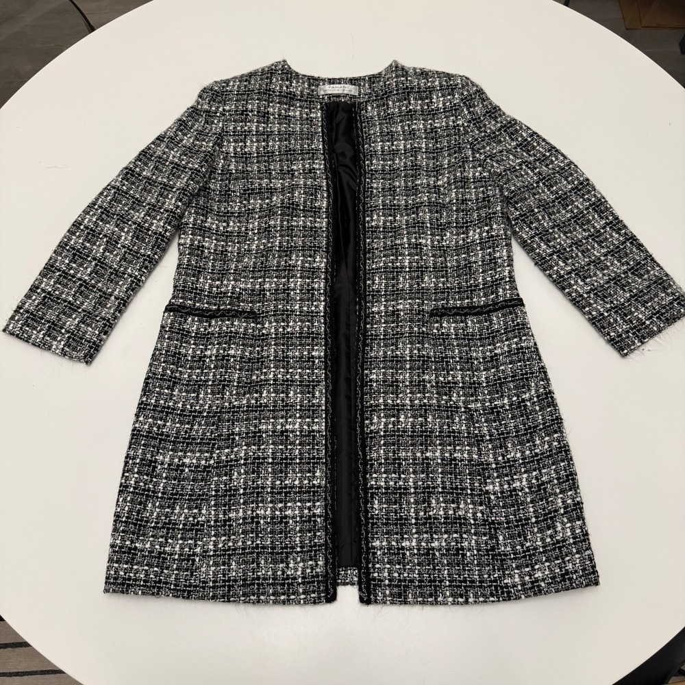 Tahari Arthur S. Levine Black‎ White Tweed Open Front Longline Jacket Womens 12